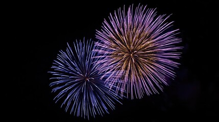 Two vibrant fireworks bursts of purple and gold against a black night sky