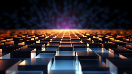 Obraz premium Close up of a black and blue grid of cubes. The cubes are illuminated with a purple light