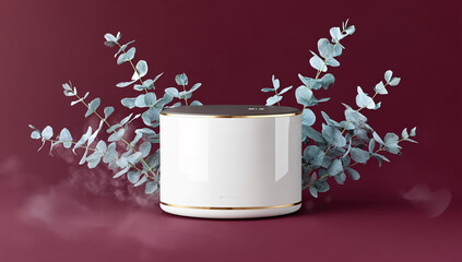 Modern Humidifier with Eucalyptus on Burgundy Backdrop for Wellness Promotion