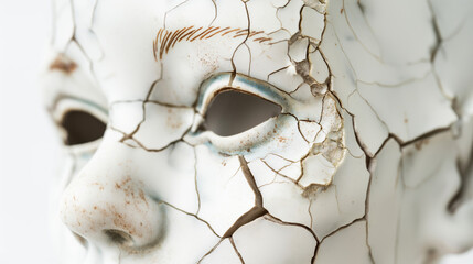 Cracked porcelain doll head closeup on white background  