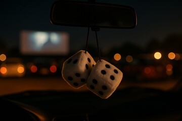 Fuzzy dice hang from car mirror at drive-in movie.