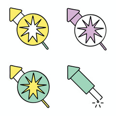Four cartoon fireworks rockets and bursts explosion