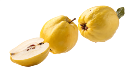 Fresh ripe yellow quince fruit falling in the air isolated on a white background PNG. AI GENERATED.