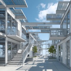Modern Architecture with Staircases, Glass Facades and Solar Panels.