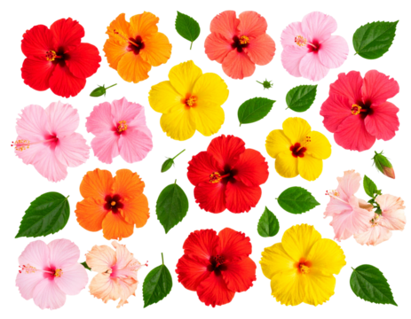 Flat Lay Composition of Mixed Hibiscus Blooms and Buds, isolated on a transparent background.