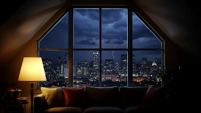 Dramatic Lightning Strikes Over Urban City Skyline Seen Through Cozy Window Loop Video