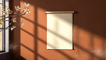Blank scroll on brown textured wall with natural sunlight and floral branches.