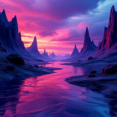 Surreal landscape with pink and purple hues at sunset
