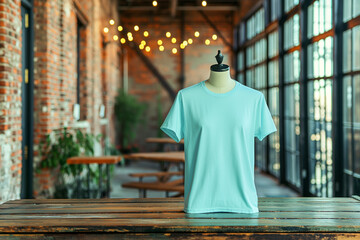 mannequin in a blue t-shirt against the background of a cafe