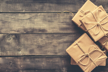 several gift boxes in craft paper tied with ropes lie on an old wooden table top view