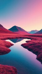 Pink mountain landscape with a reflective lake at sunset