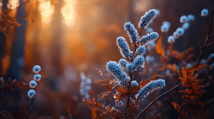 Close up of a field of flowers with a bright orange sun in the background. The flowers are a mix of white and blue, and the sun is casting a warm glow on the scene