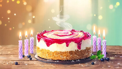 Festive Birthday Cake with Candles, Berries, and Mint Leaves Illustration