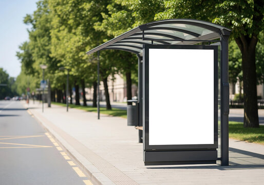 Blank Vertical Advertising Panel at Modern Bus Stop Shelter on Sunny Urban Street