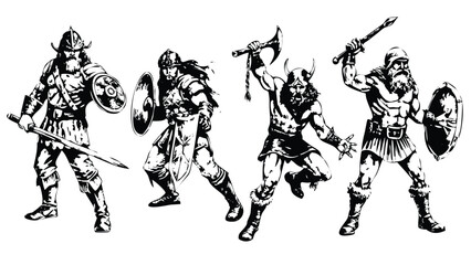 Viking Warriors Vector Engraving Set. Detailed Monochrome Norse Character Illustrations. Vintage Battle Style Icons & Symbols