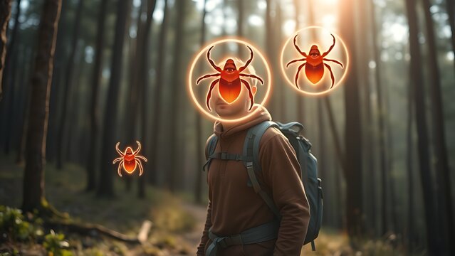 A hiker surrounded by a glowing protective shield in the forest, repelling stylized ticks with radiant energy.