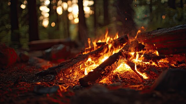 Warm campfire in a forest.  Blurred trees in background