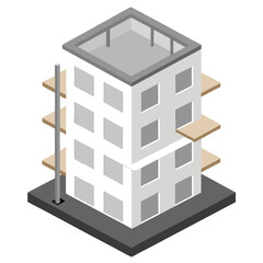 An isometric rendering of a six-story apartment building under construction, 