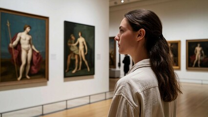 Woman observing classical art in a museum