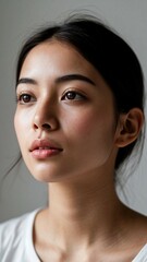 Young woman with a serene expression, gazing thoughtfully into the distance