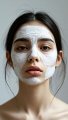Woman with face mask, natural beauty, skincare, serene expression, close-up portrait