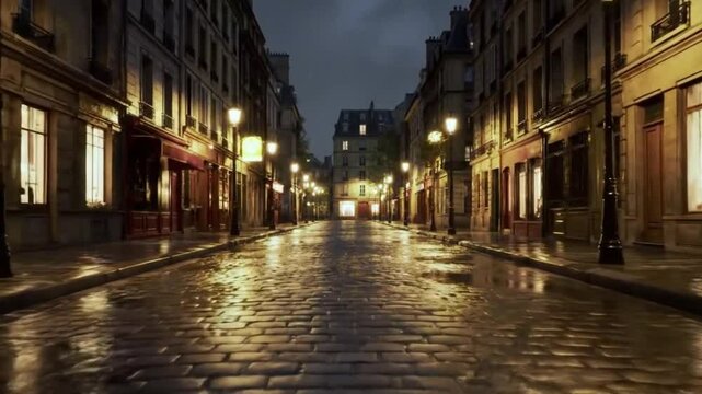 Empty Parisian street glows under warm lamp light on a wet evening creating a romantic atmosphere.