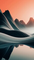 Abstract landscape with flowing mountains and reflections on water at sunset