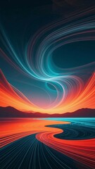 Dynamic abstract digital art landscape with vibrant colors and flowing lines