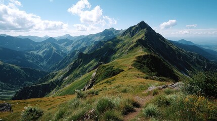 Fototapeta premium Mountain Ridge Path with Grassy Slopes and Distant Peaks