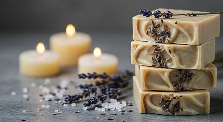 Handcrafted soap bars dried lavender sea salt stone surface natural spa aesthetic soft diffused lighting ultra-sharp detail open space for wellness branding generative ai