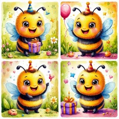 Cartoon bee with a gift and party hat