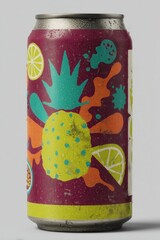 Obraz premium Colorful soda can with tropical fruit illustrations on a neutral background
