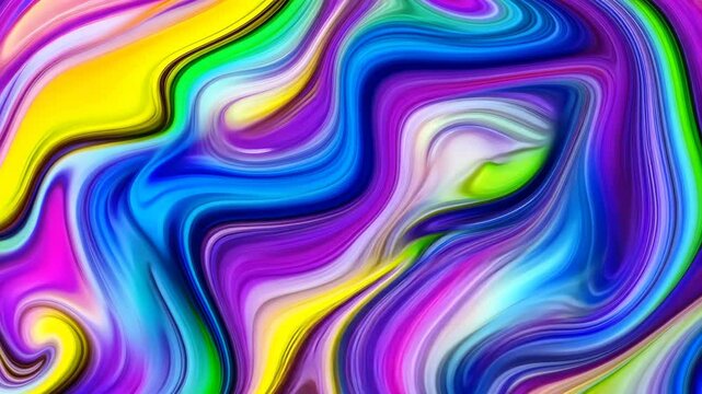 Trippy psychedelic colorful rainbow liquid marble gradient waves animation. Trendy hypnotic abstract organic ebru ripples and folds fluid art video. 4K seamless looping footage. 3D rendering.