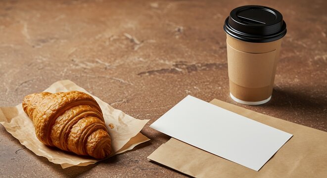 Bakery branding flat lay croissant coffee kraft bag blank menu card on stone background warm lighting sharp detail clean space for logo generative ai

