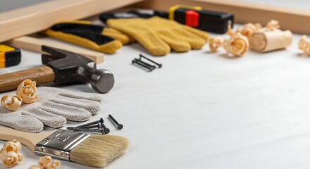 DIY tools and materials flat lay hammer nails paintbrush gloves wood shavings on white table sharp detail blank space for renovation ad generative ai

