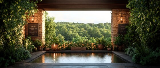 Peaceful outdoor swimming pool area surrounded by lush greenery and brick walls du daytime