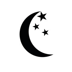 Crescent moon icon collection features varied crescent designs with stars, decorative patterns in black. 