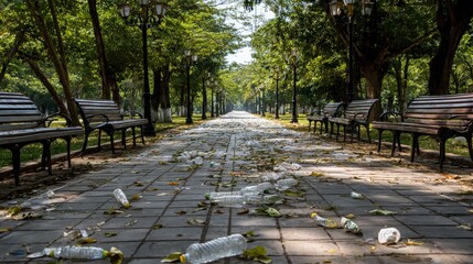 Park Walkway with Litter, Benches, and Street Lamps
