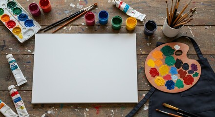 Art studio flat lay with blank canvas palette paint tubes brushes apron on splattered wooden table sharp color detail space for promo generative ai

