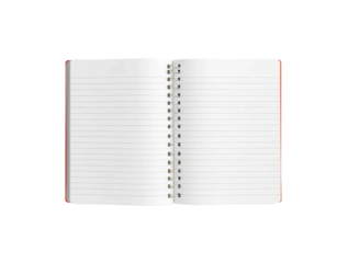Open spiralbound notebook with blank lined pages isolated on transparent background
