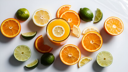 Refreshing orange juice with juicy citrus slices arranged on white background, highlighting wholesome beverage ingredients for wellness and marketing designs