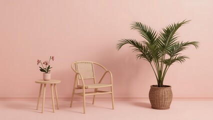 Interior Corner with Pink Wall, Wooden Chair, and Green Palm Plant