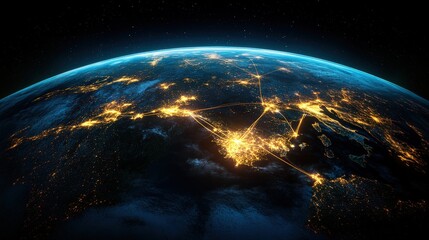Naklejka premium Stunning view of Earth from space showing city lights, continents, atmosphere, and night sky with star backdrop