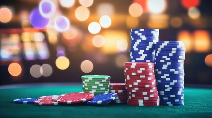 Colorful casino chips stacked on green felt table with blurred bright lights in background at night