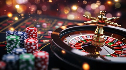 Luxurious casino blackjack roulette game with colorful chips golden wheel and vibrant background