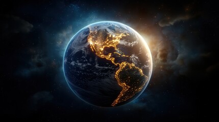 Fototapeta premium Stunning view of Earth from space showing illuminated continents at night with vibrant city lights and glowing atmosphere