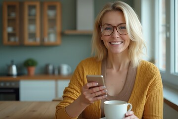 Relaxing senior caucasian woman in the kitchen using smartphone and drinking coffee