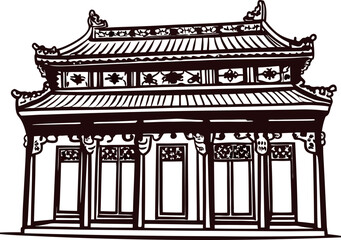 Traditional asian architectural pavilion with ornate details and symmetrical roof design illustration
