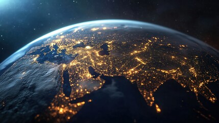 Obraz premium Stunning view of Earth from space showing illuminated continents at night with detailed cloud formations and atmosphere