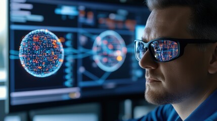 Advanced Digital Technology Concept with Data Visualization and Futuristic Interfaces in Modern Data Center